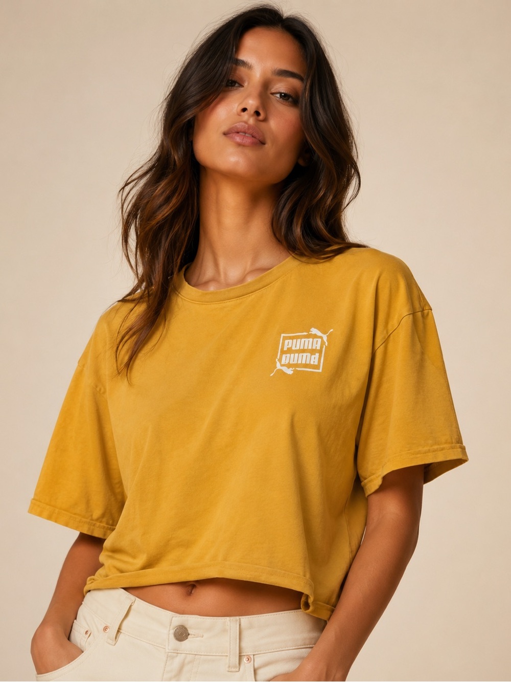 Puma Mustard Yellow Cropped Logo T-Shirt Size L